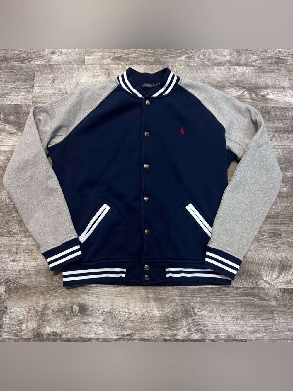 Polo Ralph Lauren Madison Avenue Varsity Fleece Jacket Navy Blue/Gray Sz. XL